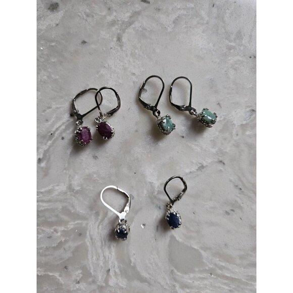 5.00ctw Ruby, Sapphire, And Emerald Silver Earrings Set Of 3 - Picture 4 of 12